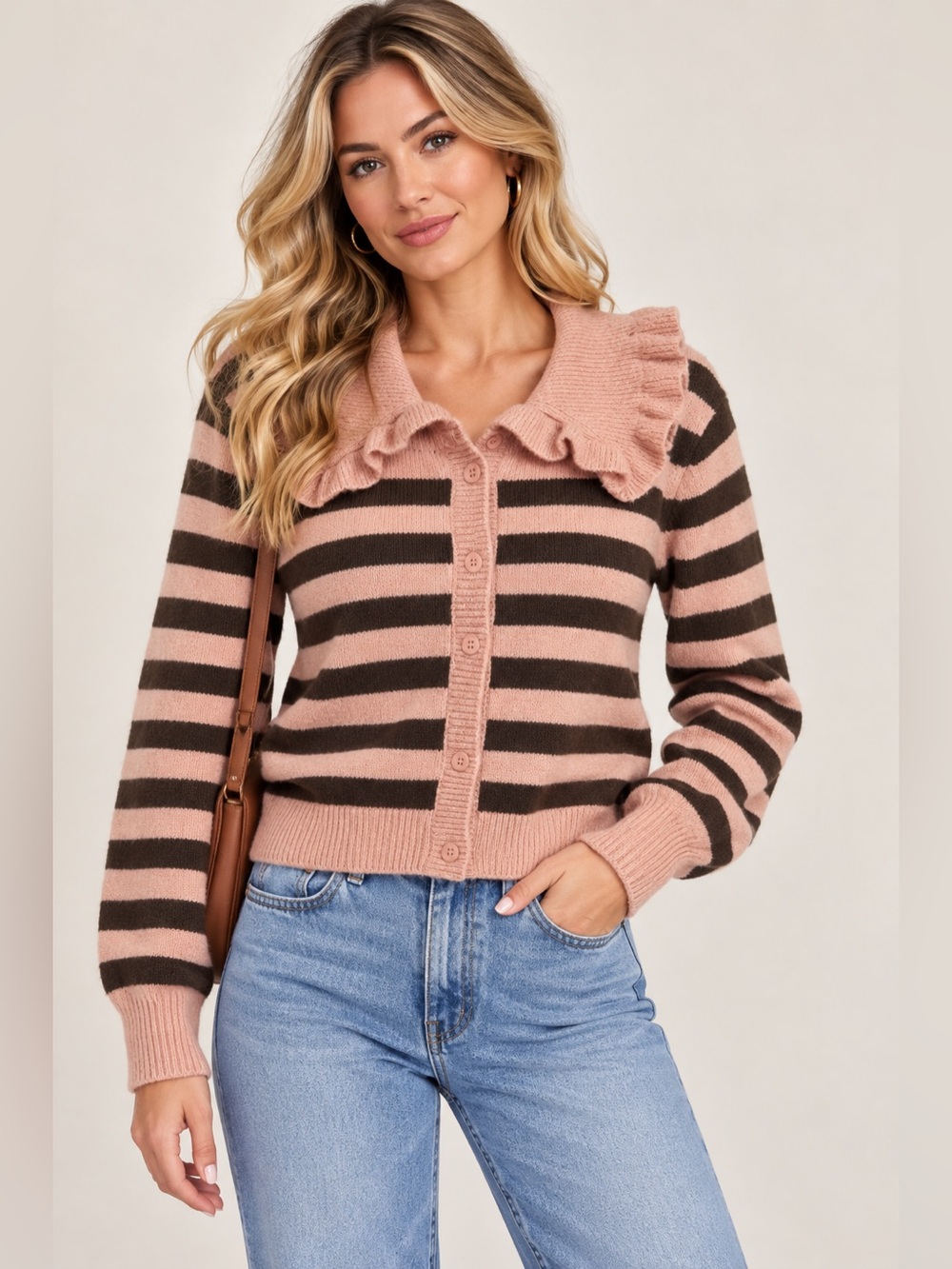 Maeve Pink and‎ Brown Striped Ruffle-Collar Cardigan medium